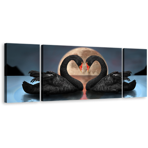 Love Bird Canvas Print, Blue Night Moon Reflected On Water Wall Art, Black Romantic Swans 3 Piece Canvas Set