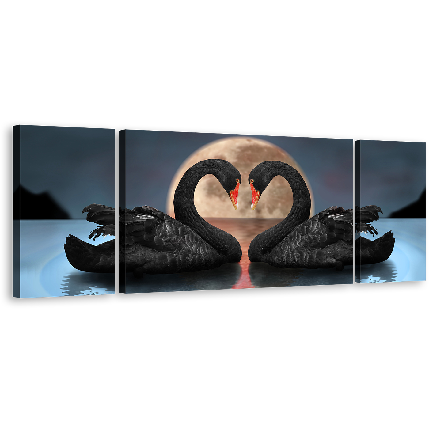 Love Bird Canvas Print, Blue Night Moon Reflected On Water Wall Art, Black Romantic Swans 3 Piece Canvas Set