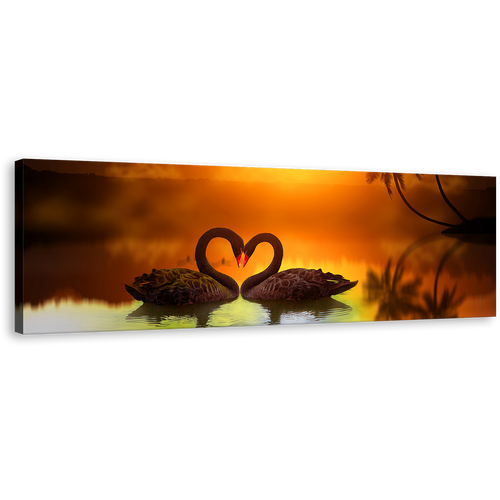 Love Swan Canvas Wall Art, Bird Romance at Orange Sunset Canvas Print, Black Swans Swimming in Lake 1 Piece Canvas