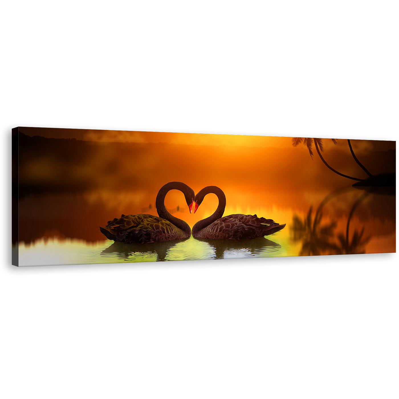 Love Swan Canvas Wall Art, Bird Romance at Orange Sunset Canvas Print, Black Swans Swimming in Lake 1 Piece Canvas