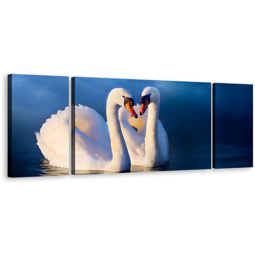 Love Swans Canvas Print, Blue Background Calm Water Canvas Wall Art, Beautiful White Swans in Love 3 Piece Canvas Set