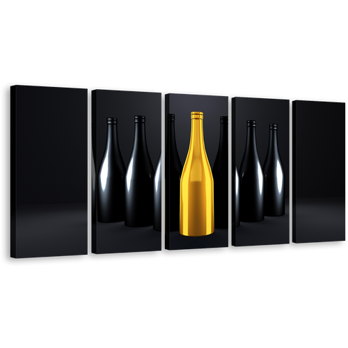 Luxury Bottles Canvas Print, Yellow Black Champagne Bottles 5 Piece Wall Art, Wine Drinks Dark Background Canvas Set