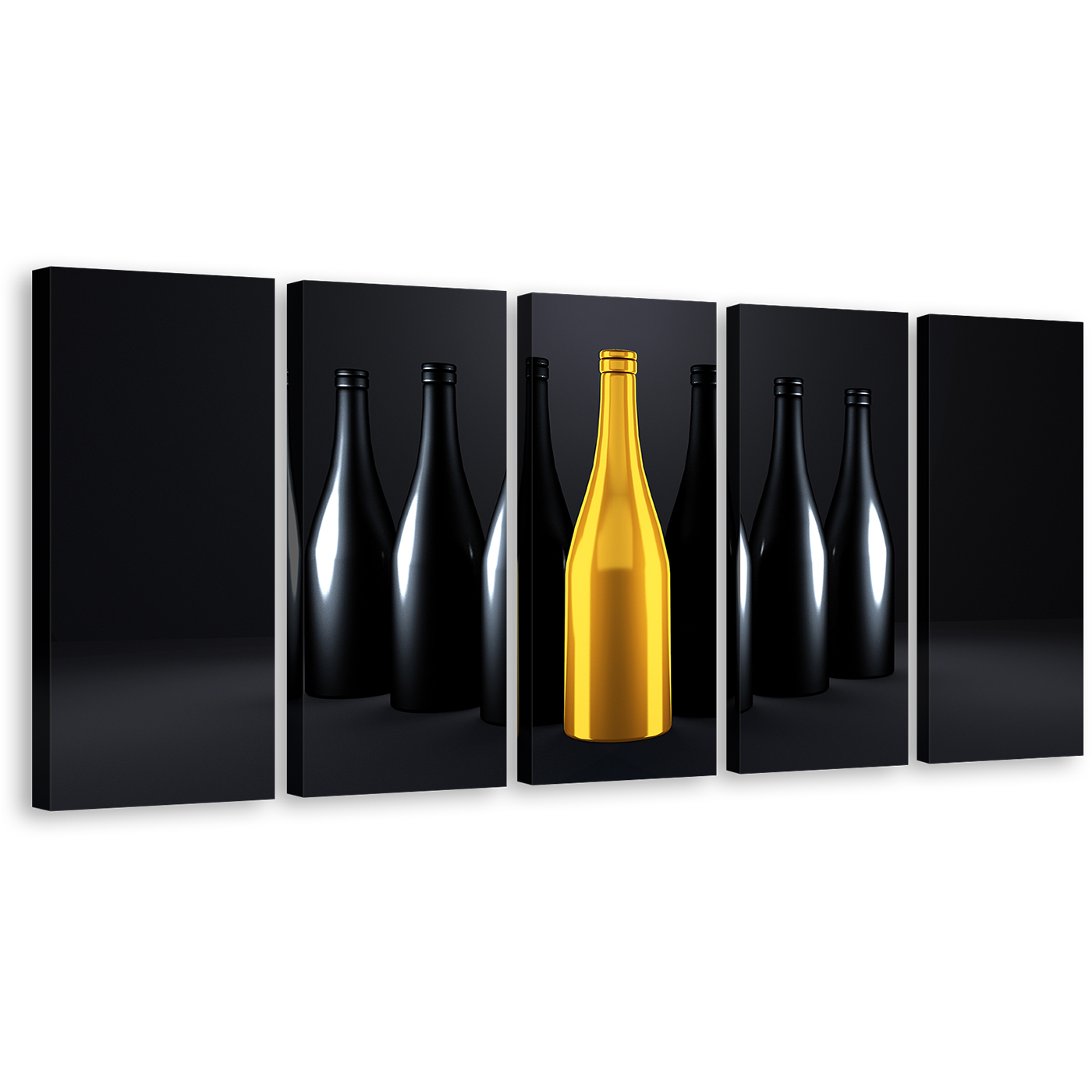 Luxury Bottles Canvas Print, Yellow Black Champagne Bottles 5 Piece Wall Art, Wine Drinks Dark Background Canvas Set