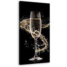 Load image into Gallery viewer, Luxury Champagne Canvas Wall Art, Black Background Champagne Glass Vertical Canvas, Yellow Alcohol Splash Swirl 1 Piece Canvas Print
