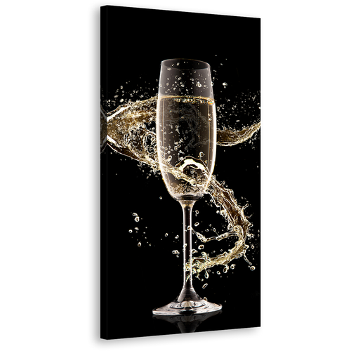 Luxury Champagne Canvas Wall Art, Black Background Champagne Glass Vertical Canvas, Yellow Alcohol Splash Swirl 1 Piece Canvas Print