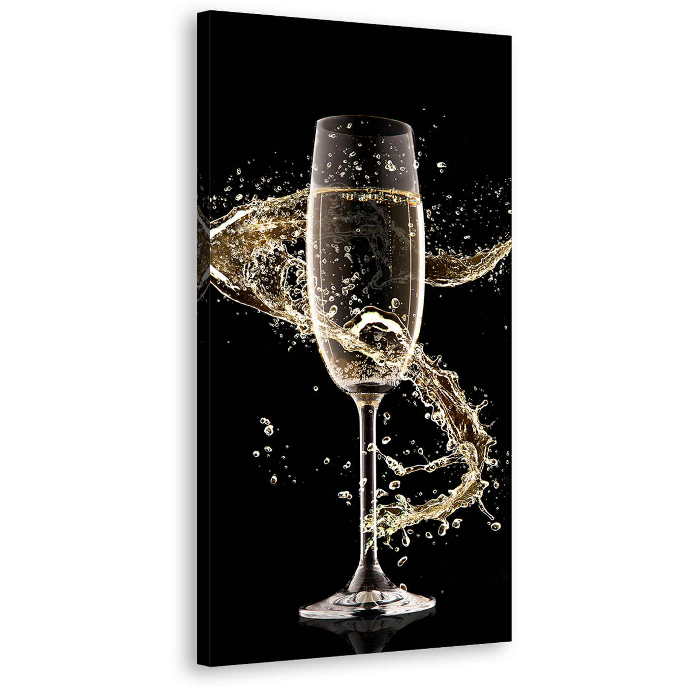 Luxury Champagne Canvas Wall Art, Black Background Champagne Glass Vertical Canvas, Yellow Alcohol Splash Swirl 1 Piece Canvas Print