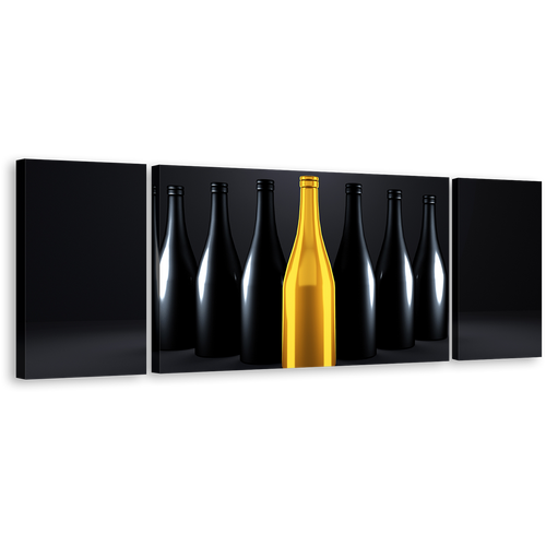 Luxury Champagne Wall Art, Wine Drinks Dark Background Canvas Print, Yellow Black Champagne Bottles 3 Piece Canvas Set