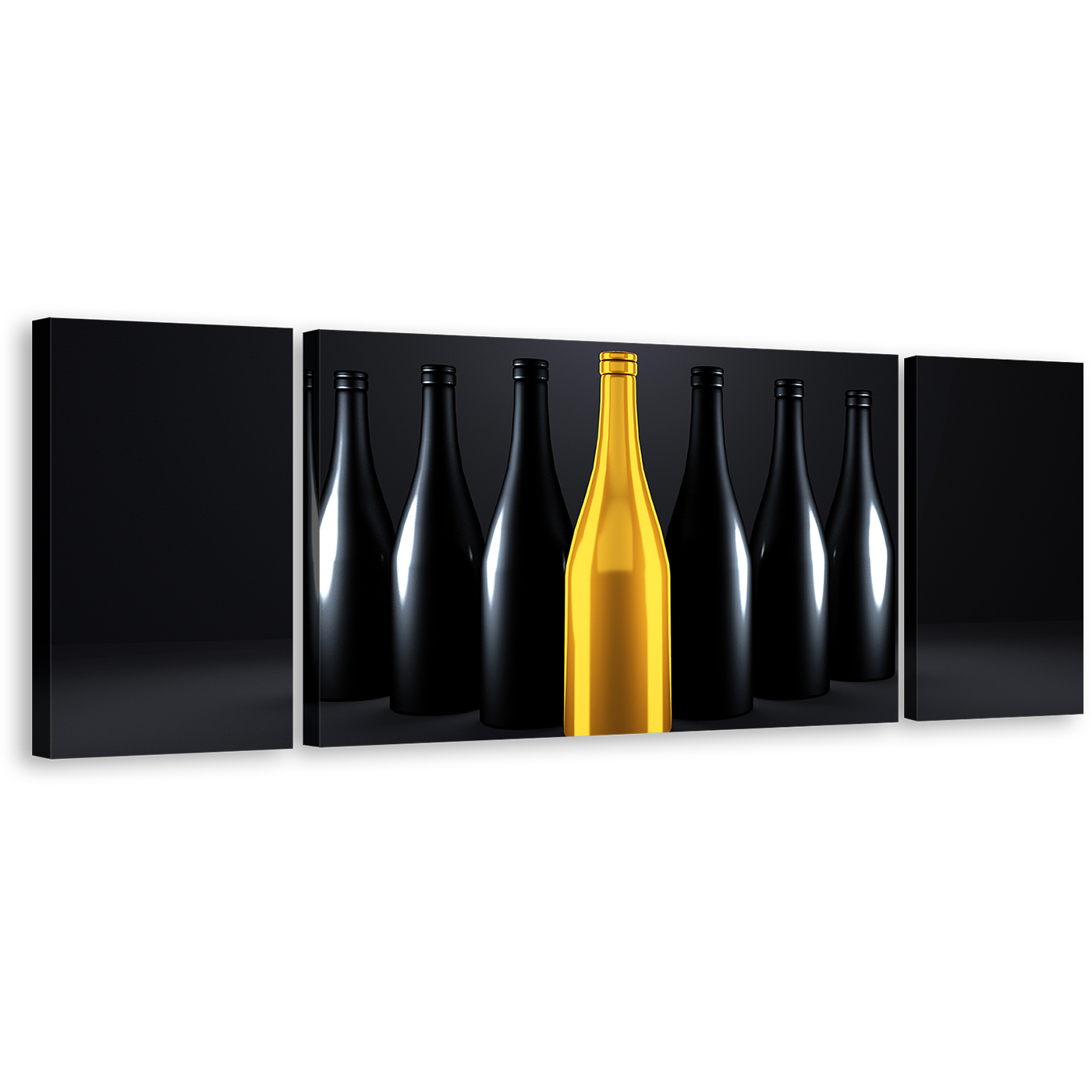 Luxury Champagne Wall Art, Wine Drinks Dark Background Canvas Print, Yellow Black Champagne Bottles 3 Piece Canvas Set