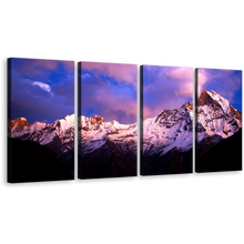 Load image into Gallery viewer, Machapuchare Landscape Canvas Wall Art, Blue North Central Nepal Mountain Canvas Set, Amazing Purple Fish Tail Sky 4 Piece Canvas Print
