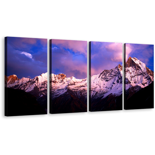 Machapuchare Landscape Canvas Wall Art, Blue North Central Nepal Mountain Canvas Set, Amazing Purple Fish Tail Sky 4 Piece Canvas Print