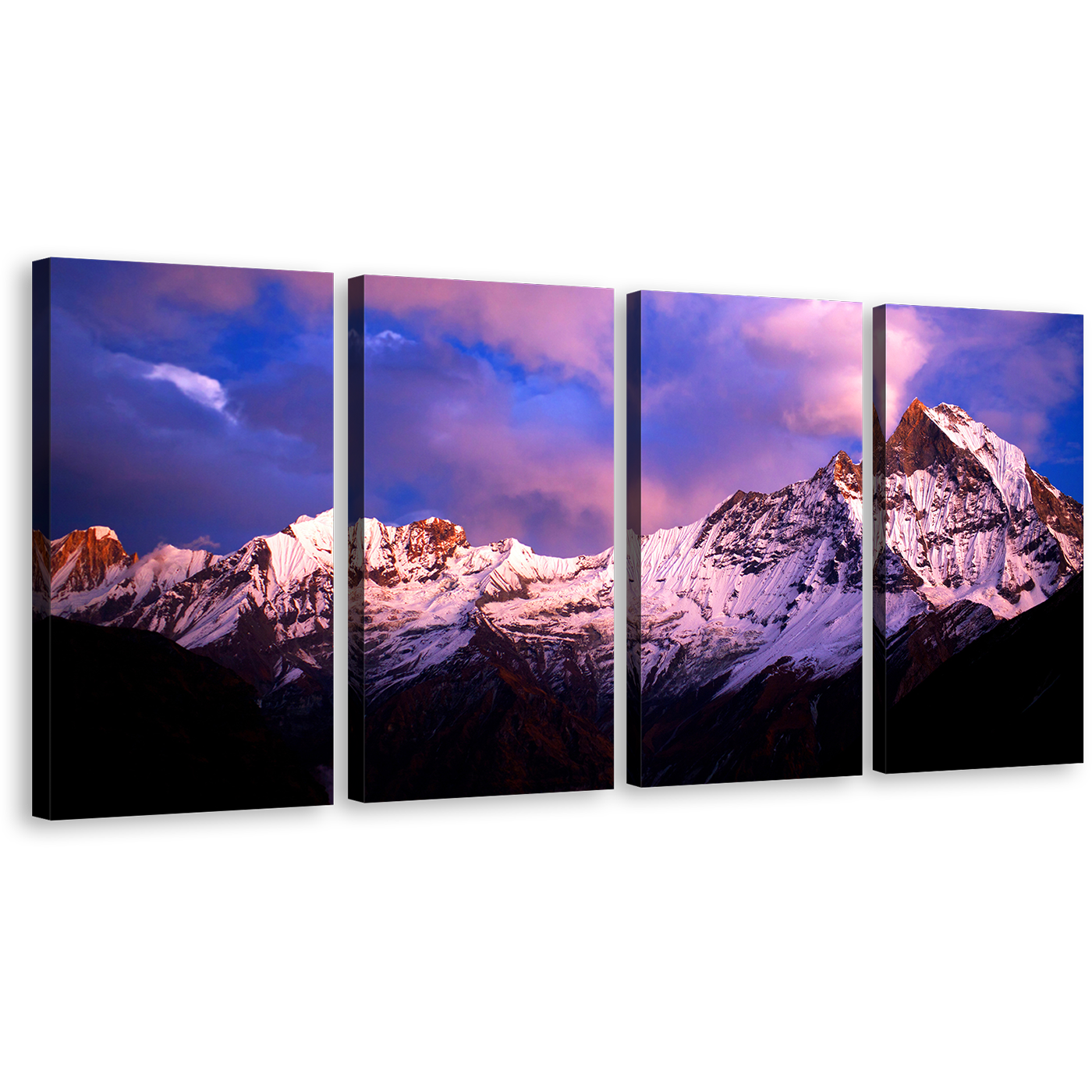 Machapuchare Landscape Canvas Wall Art, Blue North Central Nepal Mountain Canvas Set, Amazing Purple Fish Tail Sky 4 Piece Canvas Print