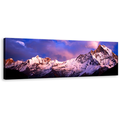 Machapuchare Mountain Canvas Wall Art, Brilliant North Central Nepal Landscape Panoramic Canvas, Amazing Blue Purple Fish Tail Sky 1 Piece Canvas Print