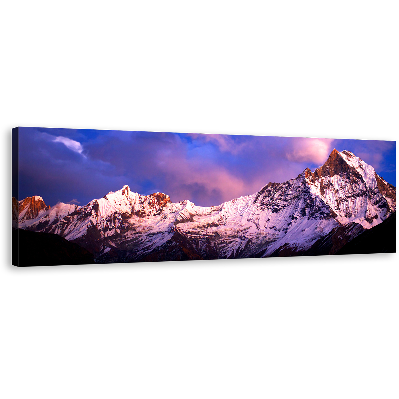 Machapuchare Mountain Canvas Wall Art, Brilliant North Central Nepal Landscape Panoramic Canvas, Amazing Blue Purple Fish Tail Sky 1 Piece Canvas Print