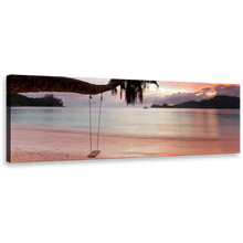 Load image into Gallery viewer, Mahe Beach Canvas Wall Art, Green Seychelles Orange Evening Sky 1 Piece Canvas, Palm Tree Blue Ocean Beach Canvas Print
