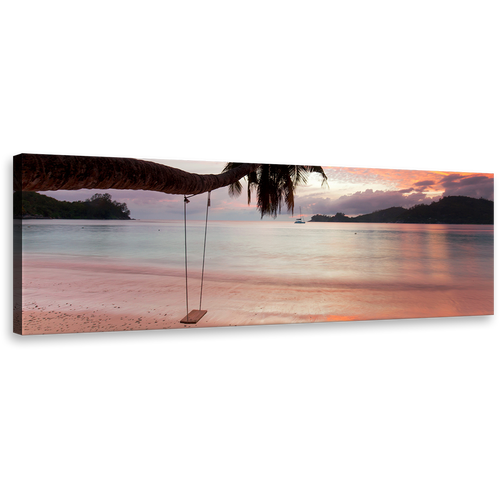 Mahe Beach Canvas Wall Art, Green Seychelles Orange Evening Sky 1 Piece Canvas, Palm Tree Blue Ocean Beach Canvas Print