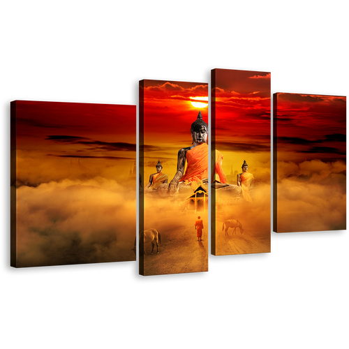 Majestic Buddha Canvas Wall Art, Transcendental Orange Buddha Surreal and Gazing Horses Amidst the Red Sky 4 Piece Canvas Print