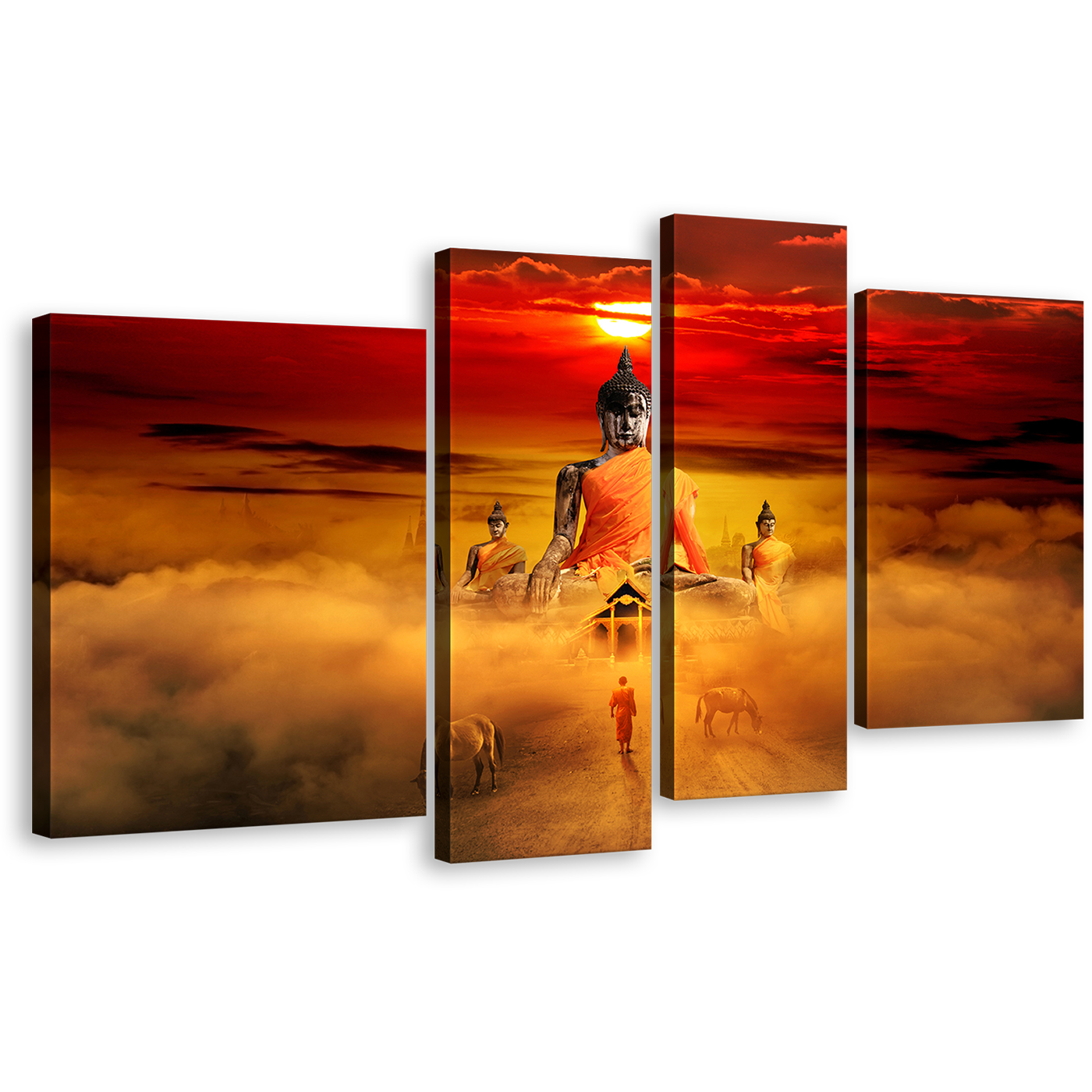 Majestic Buddha Canvas Wall Art, Transcendental Orange Buddha Surreal and Gazing Horses Amidst the Red Sky 4 Piece Canvas Print