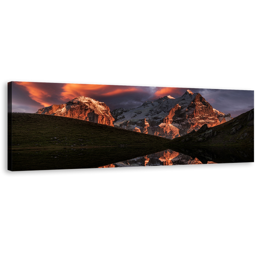 Majestic Landscape Canvas Wall Art, Cloudy Sunset Brown Mountain Reflection Canvas Artwork, Green Landscape 1 Piece Canvas Print