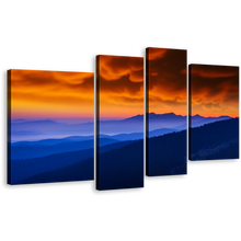 Load image into Gallery viewer, Majestic Mountains Canvas Print, Blue Ukraine Mountains Landscape 4 Piece Canvas Wall Art, Dramatic Orange Cloudy Sky Landscape Multiple Canvas
