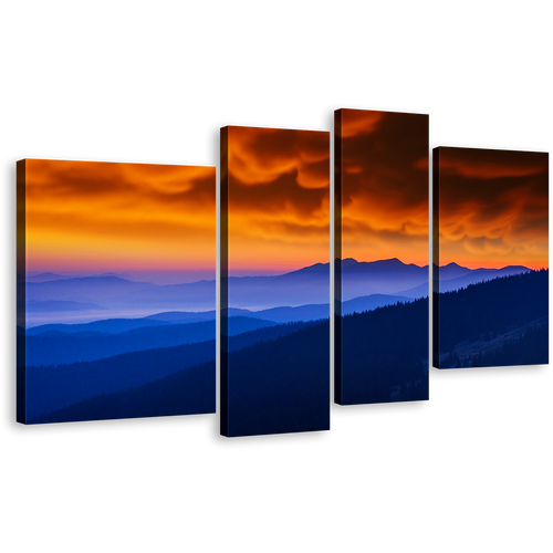 Majestic Mountains Canvas Print, Blue Ukraine Mountains Landscape 4 Piece Canvas Wall Art, Dramatic Orange Cloudy Sky Landscape Multiple Canvas