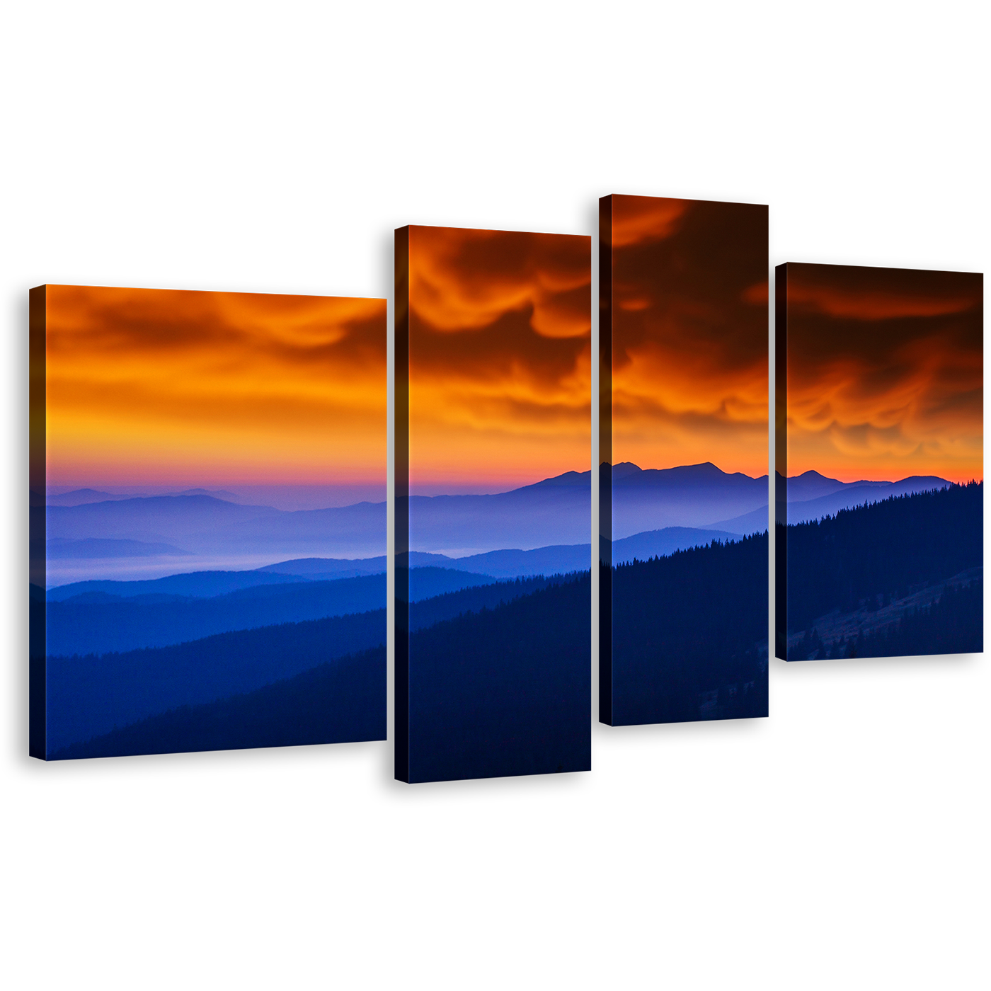 Majestic Mountains Canvas Print, Blue Ukraine Mountains Landscape 4 Piece Canvas Wall Art, Dramatic Orange Cloudy Sky Landscape Multiple Canvas