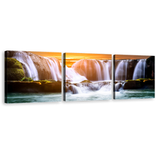 Load image into Gallery viewer, Majestic Waterfall Canvas Print, Beautiful White Landscape Waterfall Multi Canvas Artwork, Orange Sky Sunset Sea 3 Piece Canvas Wall Art
