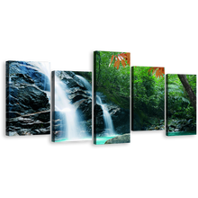 Load image into Gallery viewer, Majestic Waterfall Canvas Wall Art, Beautiful Green Nature Forest Waterfall 5 Piece Canvas Print, Amazing Tropical Forest White Waterfall Canvas Set
