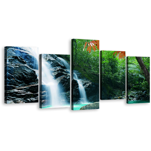 Majestic Waterfall Canvas Wall Art, Beautiful Green Nature Forest Waterfall 5 Piece Canvas Print, Amazing Tropical Forest White Waterfall Canvas Set