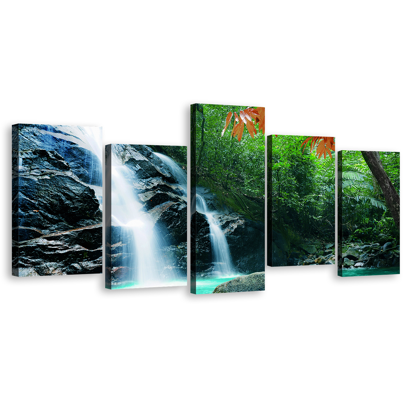 Majestic Waterfall Canvas Wall Art, Beautiful Green Nature Forest Waterfall 5 Piece Canvas Print, Amazing Tropical Forest White Waterfall Canvas Set