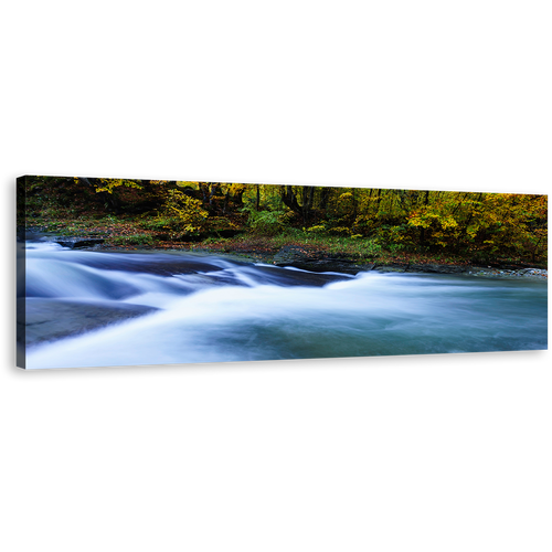 Majestic Waterfall Canvas Wall Art, Blue Central Balkan River Panoramic Canvas Print, Beautiul Green Forest Waterfall Wide Canvas