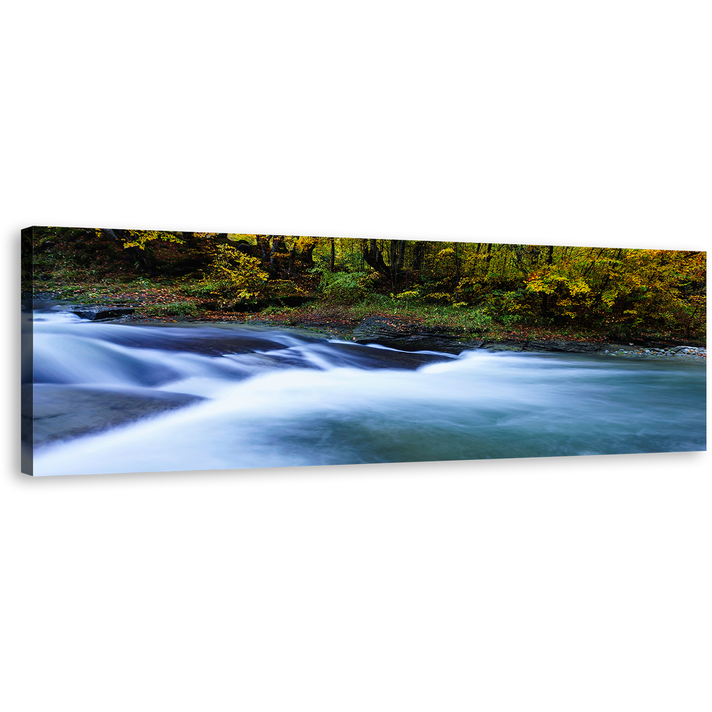 Majestic Waterfall Canvas Wall Art, Blue Central Balkan River Panoramic Canvas Print, Beautiul Green Forest Waterfall Wide Canvas