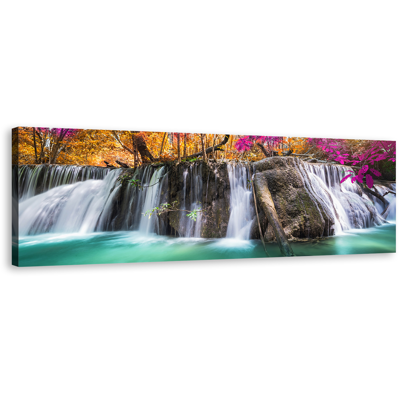 Majestic Waterfall Canvas Wall Art, Colorful Autumn Forest Waterfall 1 Piece Canvas Print, Beautiful Waterfall Scenery Canvas Artwork