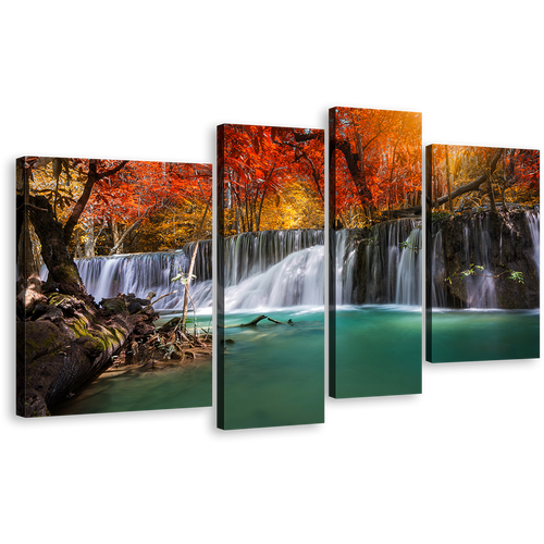 Majestic Waterfall Canvas Wall Art, Colorful Autumn Forest Waterfall 4 Piece Canvas, Stunning Waterfall Scenery Canvas Print