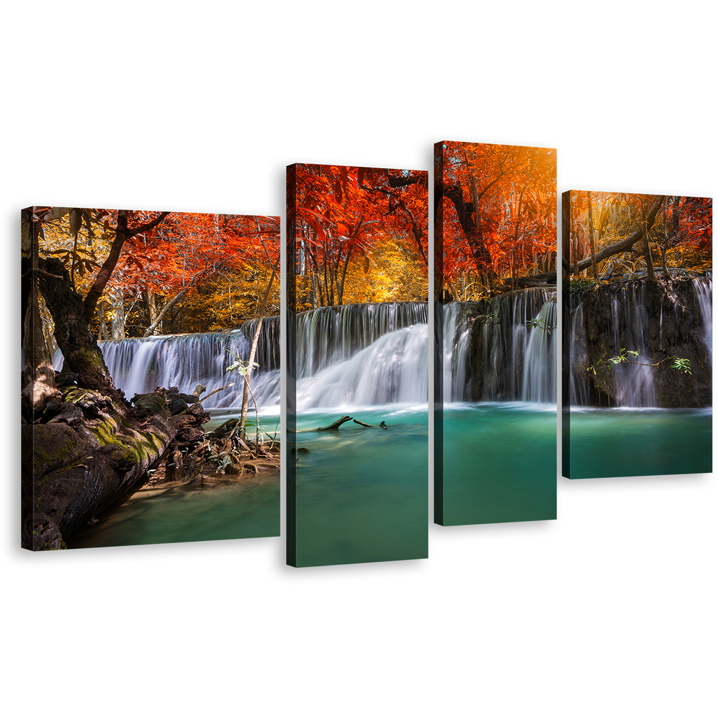 Majestic Waterfall Canvas Wall Art, Colorful Autumn Forest Waterfall 4 Piece Canvas, Stunning Waterfall Scenery Canvas Print