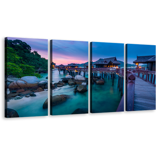 Malaysia Scenery Canvas Print, Colorful Ocean Beach 4 Piece Canvas Wall Art, Pangkor Island Multiple Canvas