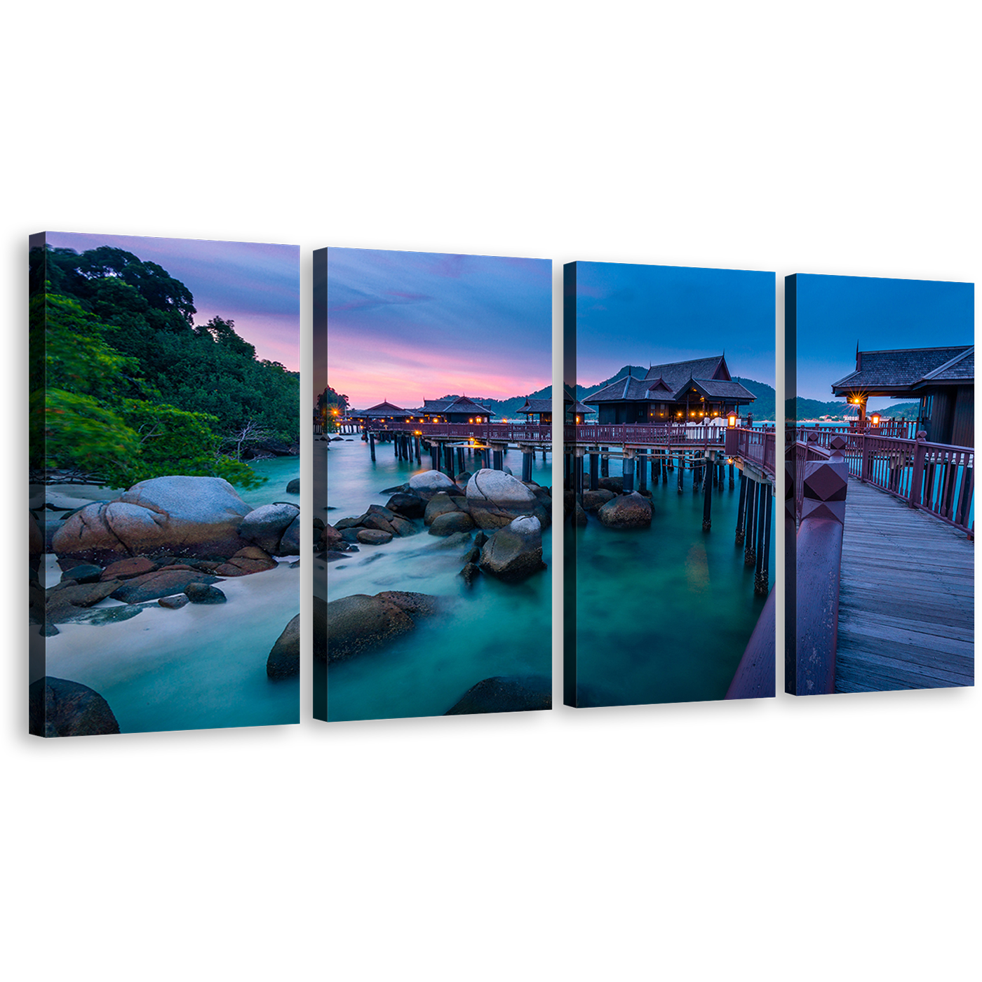 Malaysia Scenery Canvas Print, Colorful Ocean Beach 4 Piece Canvas Wall Art, Pangkor Island Multiple Canvas