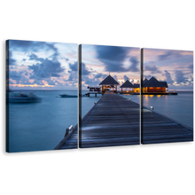 Load image into Gallery viewer, Maldives Beach Canvas Wall Art, Kani Island Orange Beach Resort Canvas Set, Contemporary Blue Sky Ocean Beach 3 Piece Canvas Print
