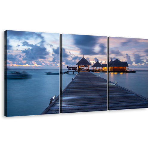 Maldives Beach Canvas Wall Art, Kani Island Orange Beach Resort Canvas Set, Contemporary Blue Sky Ocean Beach 3 Piece Canvas Print