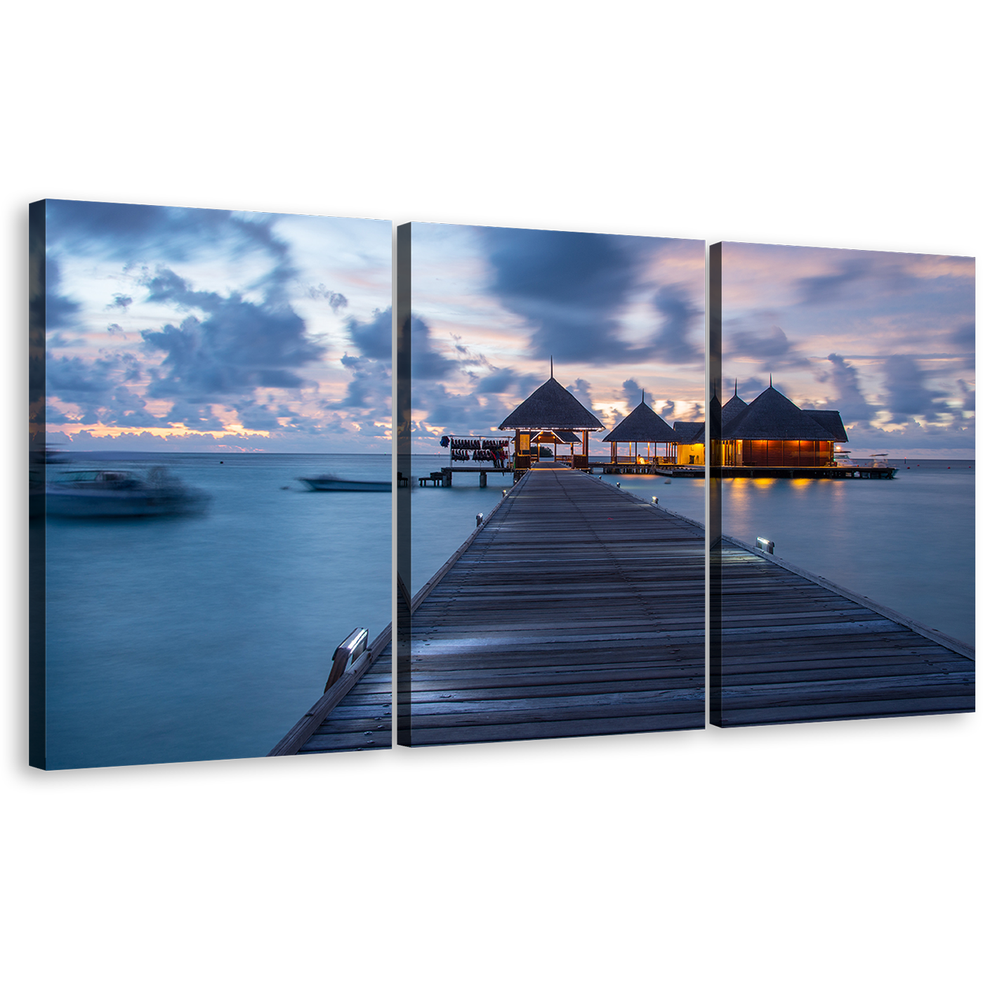 Maldives Beach Canvas Wall Art, Kani Island Orange Beach Resort Canvas Set, Contemporary Blue Sky Ocean Beach 3 Piece Canvas Print