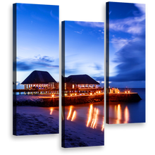 Load image into Gallery viewer, Maldives Beach Wall Art, Orange Ocean Beaches Canvas Print, Beach Resort at Blue Night Sky 3 Piece Canvas Set
