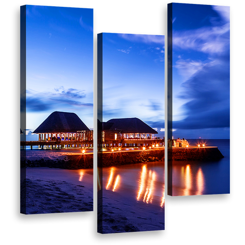 Maldives Beach Wall Art, Orange Ocean Beaches Canvas Print, Beach Resort at Blue Night Sky 3 Piece Canvas Set