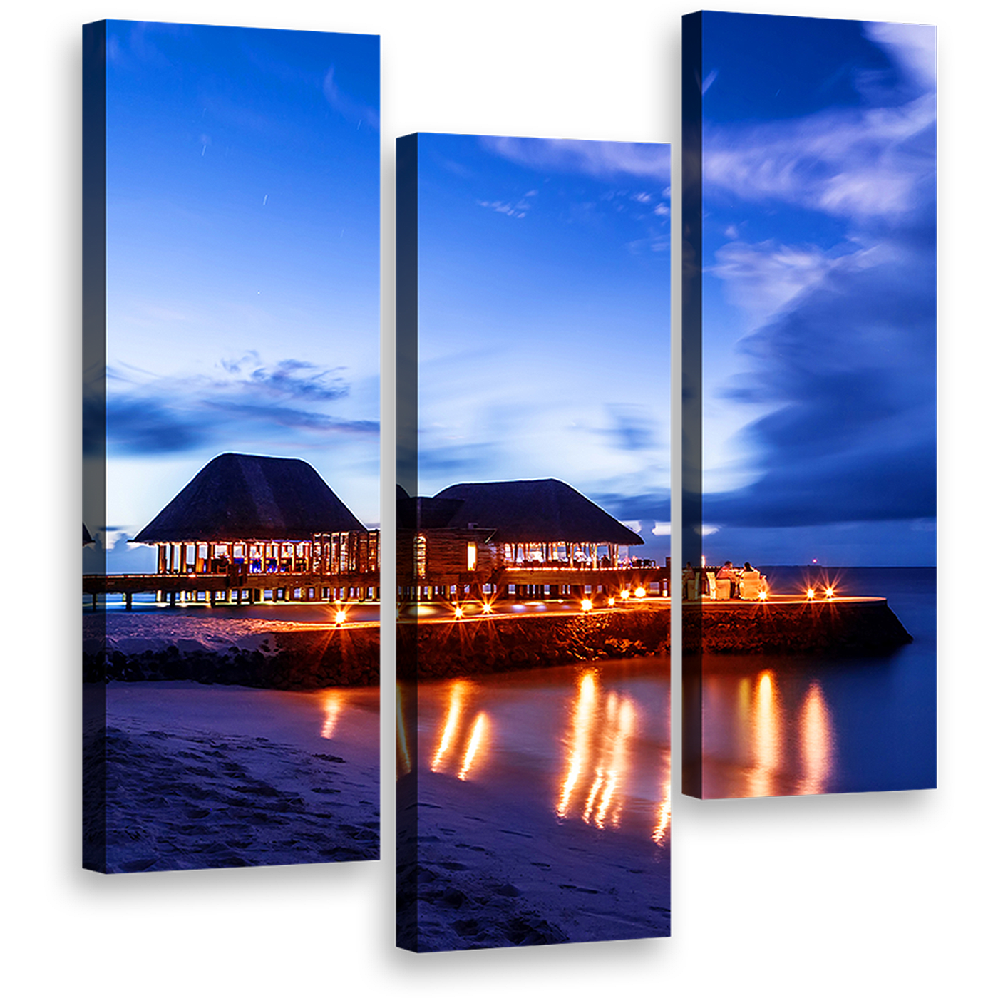 Maldives Beach Wall Art, Orange Ocean Beaches Canvas Print, Beach Resort at Blue Night Sky 3 Piece Canvas Set