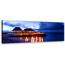 Load image into Gallery viewer, Maldives Beach Wall Art, Orange Ocean Beaches Panoramic Canvas Art, Blue Beach Resort at Night Sky Canvas Print
