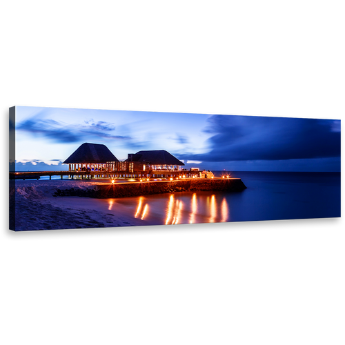 Maldives Beach Wall Art, Orange Ocean Beaches Panoramic Canvas Art, Blue Beach Resort at Night Sky Canvas Print