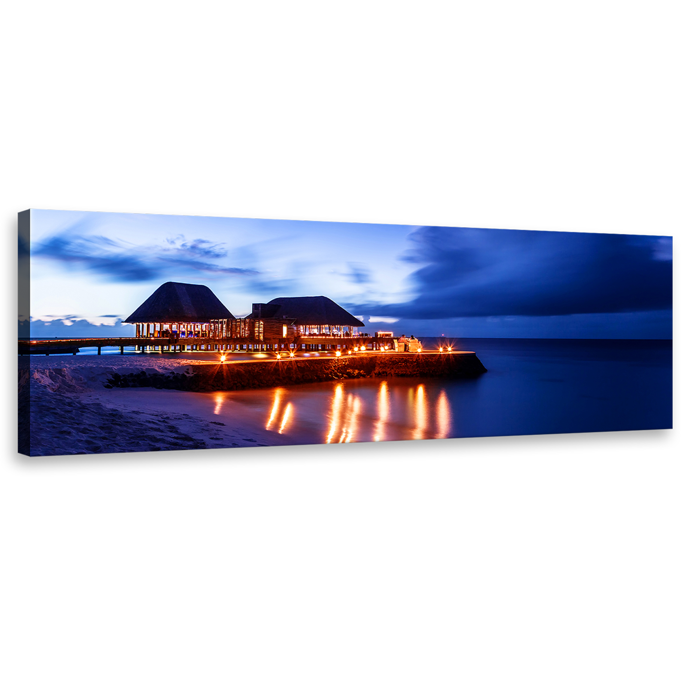 Maldives Beach Wall Art, Orange Ocean Beaches Panoramic Canvas Art, Blue Beach Resort at Night Sky Canvas Print