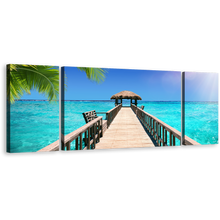 Load image into Gallery viewer, Maldives Beach Wall art, Amazing Indian Ocean 3 Piece Canvas Print, Blue Sky Pier Seascape Canvas Set
