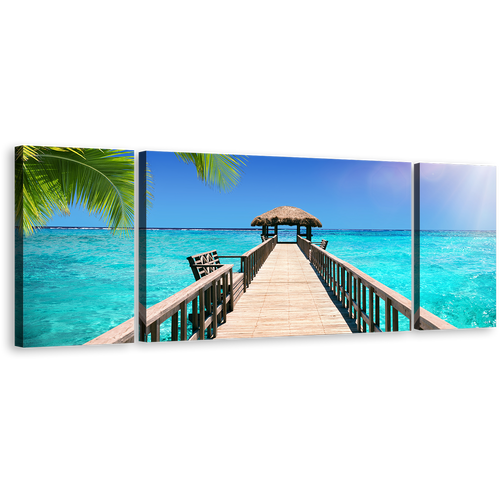 Maldives Beach Wall art, Amazing Indian Ocean 3 Piece Canvas Print, Blue Sky Pier Seascape Canvas Set