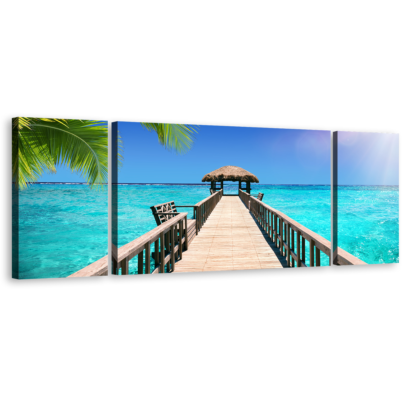 Maldives Beach Wall art, Amazing Indian Ocean 3 Piece Canvas Print, Blue Sky Pier Seascape Canvas Set