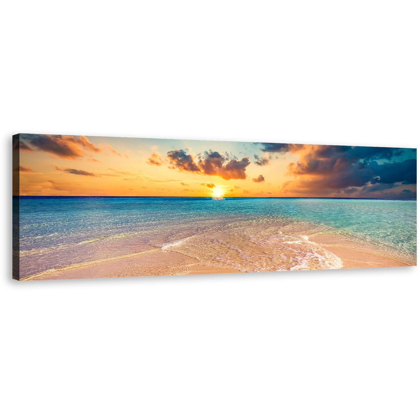 Maldives Island Canvas Wall Art, Yellow Sunset Ocean Beach Panoramic Canvas Print, Cloudy Blue Ocean Canvas Artwork