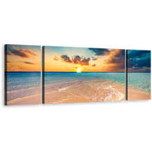 Load image into Gallery viewer, Maldives Ocean Canvas Print, Blue Ocean Beach 3 Piece Canvas Wall Art, Yellow Cloudy Sunset Triptych Multiple Canvas
